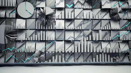Wall of financial charts with line graphs, bar graphs, pie charts, and paper fans in shades of gray - Powered by Adobe