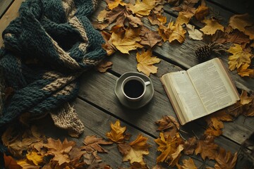 Autumn Cozy Scene,  Coffee, Book, and Leaves