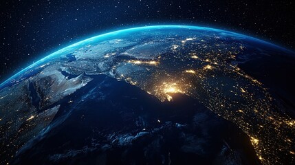 Earth from space, highlighting global city lights.
