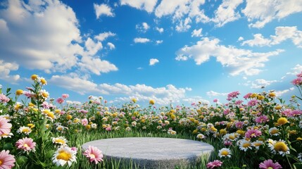 A round stone pedestal in a field of flowers under a vibrant sky.