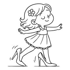 A little girl wearing her mother's high heels black and white lines