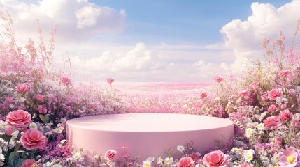 Pink floral display pedestal in a field of flowers.