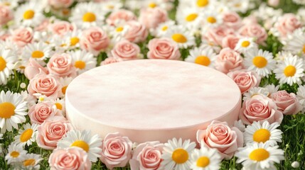 Pink pedestal surrounded by flowers.