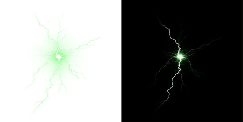 Lightning strike, electric power, green energy, minimalistic, thunderstorm — realistic PNG effect with night arc bolt. Transparent PNG Overlay for photo, shock style, and modern nature electricity vis