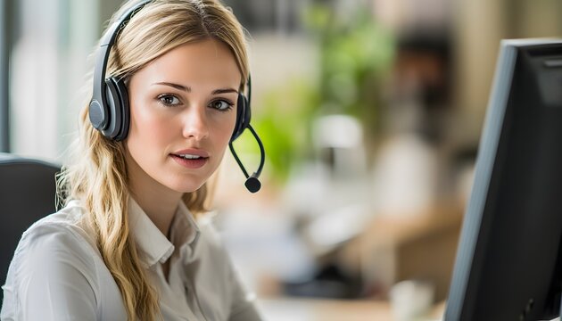Woman wearing headset, ready to answer calls.