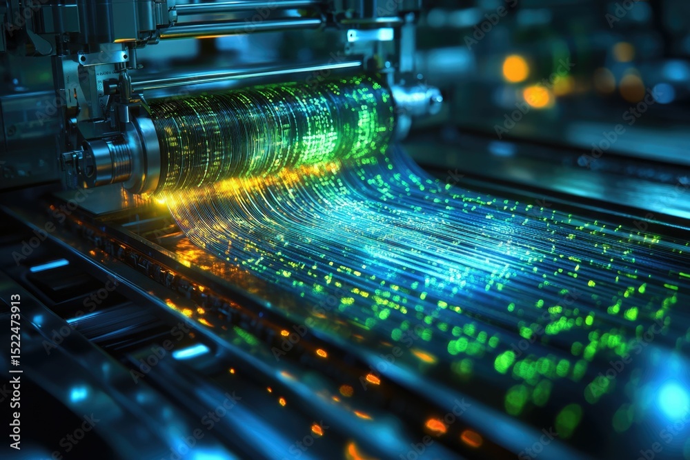 Leinwandbilder Futuristic data processing machine generates glowing streams of binary code, representing digital information flow.