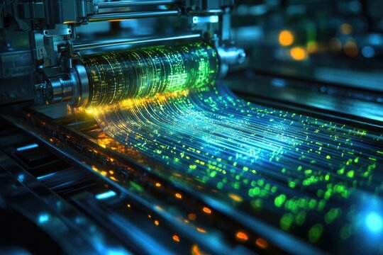 Futuristic data processing machine generates glowing streams of binary code, representing digital information flow.