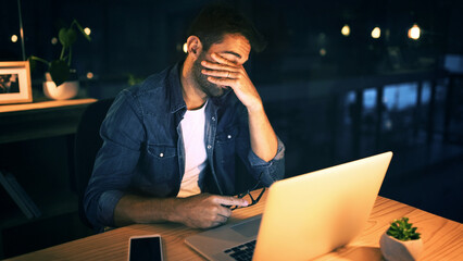 Laptop, eye strain and business man in night office for research, copywriting deadline or project....
