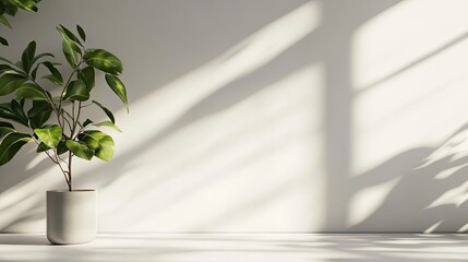 Plant in pot, sunlight shadow on wall