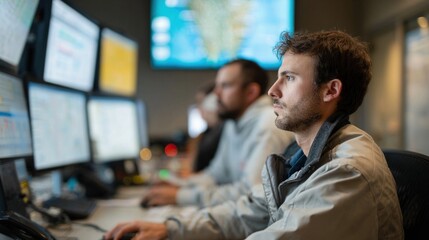 Inside a control room screens flicker with data feeds. Analysts study charts and graphs capturing fluctuations in temperature. A faint glow from a nearby monitor casts light on their
