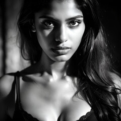 Black and white close-up portrait of a confident young Indian woman wearing black lace lingerie