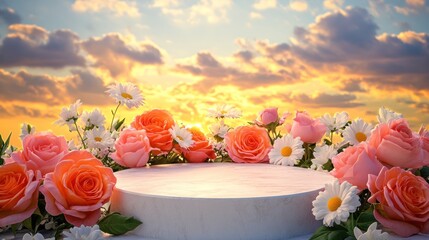 White pedestal surrounded by flowers and a beautiful sunset.