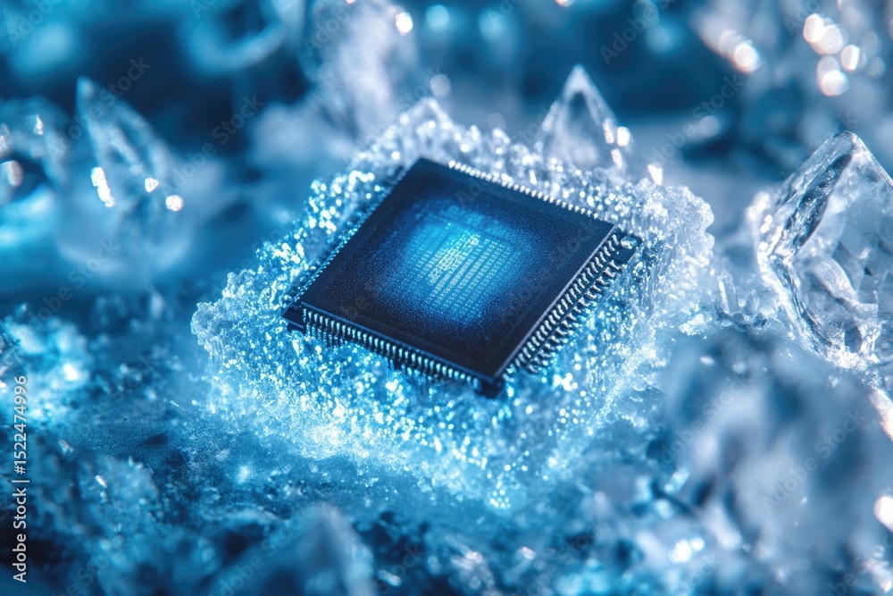 Poster Microchip submerged in ice, symbolizing advanced cooling technology for high-performance computing.