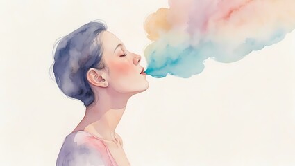 A delicate watercolor painting of a person inhaling deeply with a soft cloud-like exhale expanding outward
