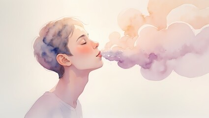 A delicate watercolor painting of a person inhaling deeply with a soft cloud-like exhale expanding outward