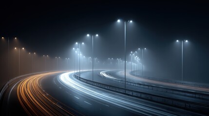 Night Highway Curves Illuminated by Streetlights