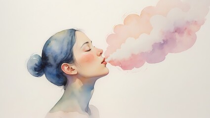 A delicate watercolor painting of a person inhaling deeply with a soft cloud-like exhale expanding outward