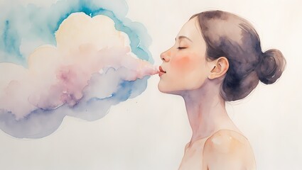 A delicate watercolor painting of a person inhaling deeply with a soft cloud-like exhale expanding outward