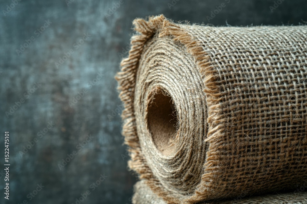 Poster a rolled-up burlap roll with frayed edges, showcasing its coarse texture and natural fiber.