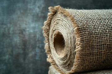 Naklejka premium A rolled-up burlap roll with frayed edges, showcasing its coarse texture and natural fiber.