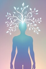 A full-body silhouette of a person with light trails emerging from their head forming leaves and branches that float around them