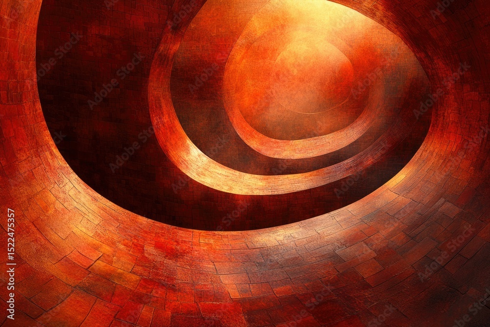 Poster Abstract artwork depicting swirling, concentric brick patterns in fiery orange and red hues, creating a sense of depth and warmth.