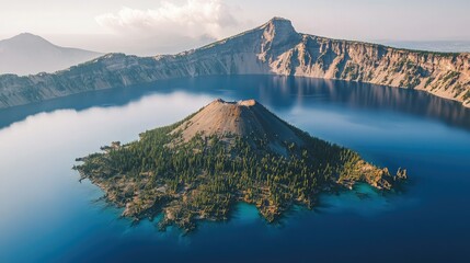 Wizard Island in Crater Lake Caldera During Clear Day