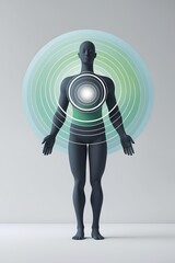 A human figure standing tall with soft concentric circles radiating from their body symbolizing balance and inner peace