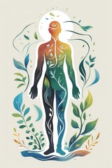 A human figure surrounded by abstract representations of earth elements (wind water plants) flowing gently around them