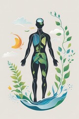 A human figure surrounded by abstract representations of earth elements (wind water plants) flowing gently around them