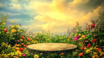 Colorful flower meadow with a wooden stump in the center.