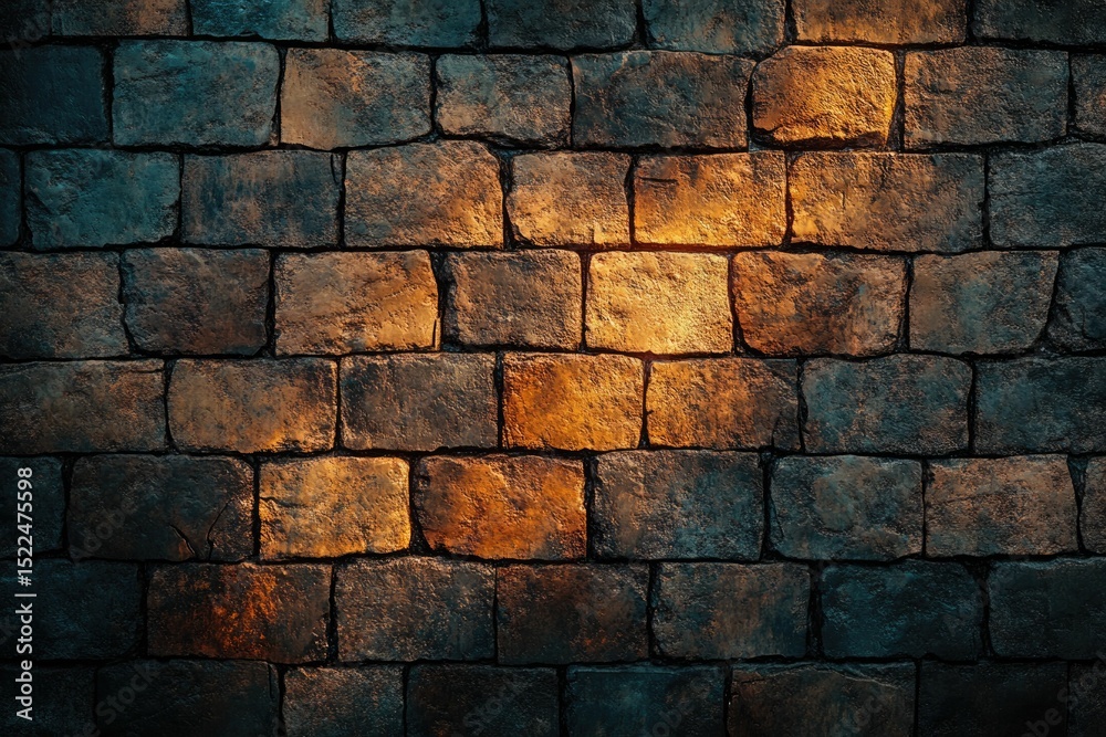Poster A rustic stone wall, illuminated by warm light, creating a textured and atmospheric scene.