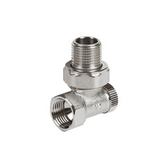 Closeup of a metal pipe fitting on a white background