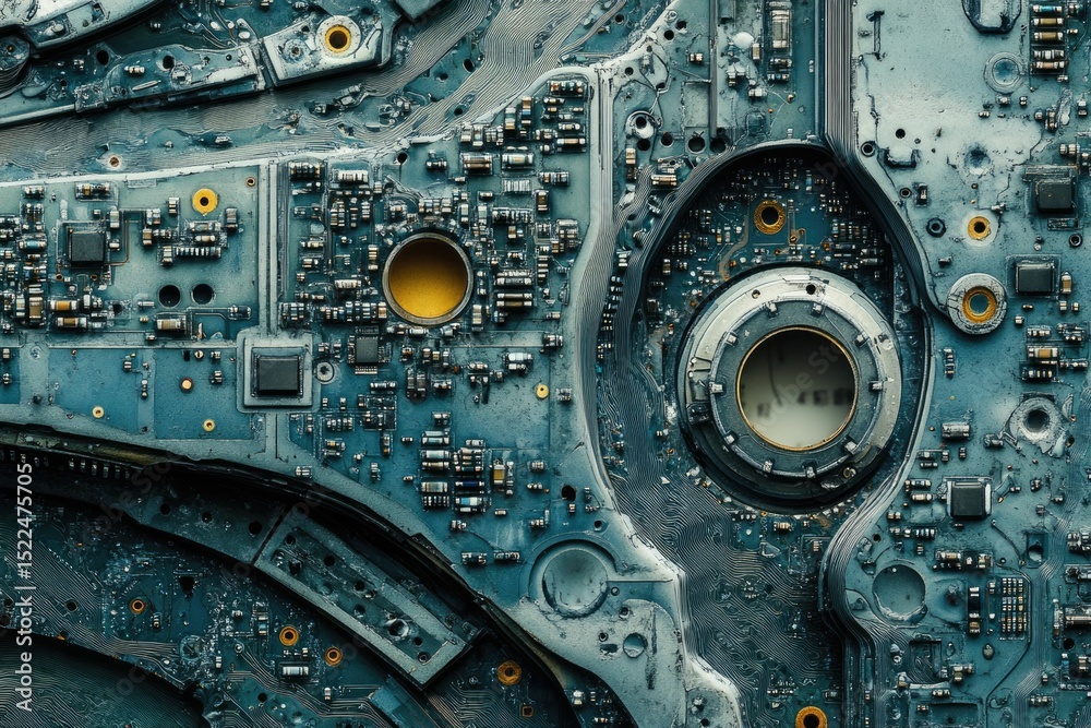 Poster Close-up of a weathered circuit board, revealing intricate electronic components and pathways.
