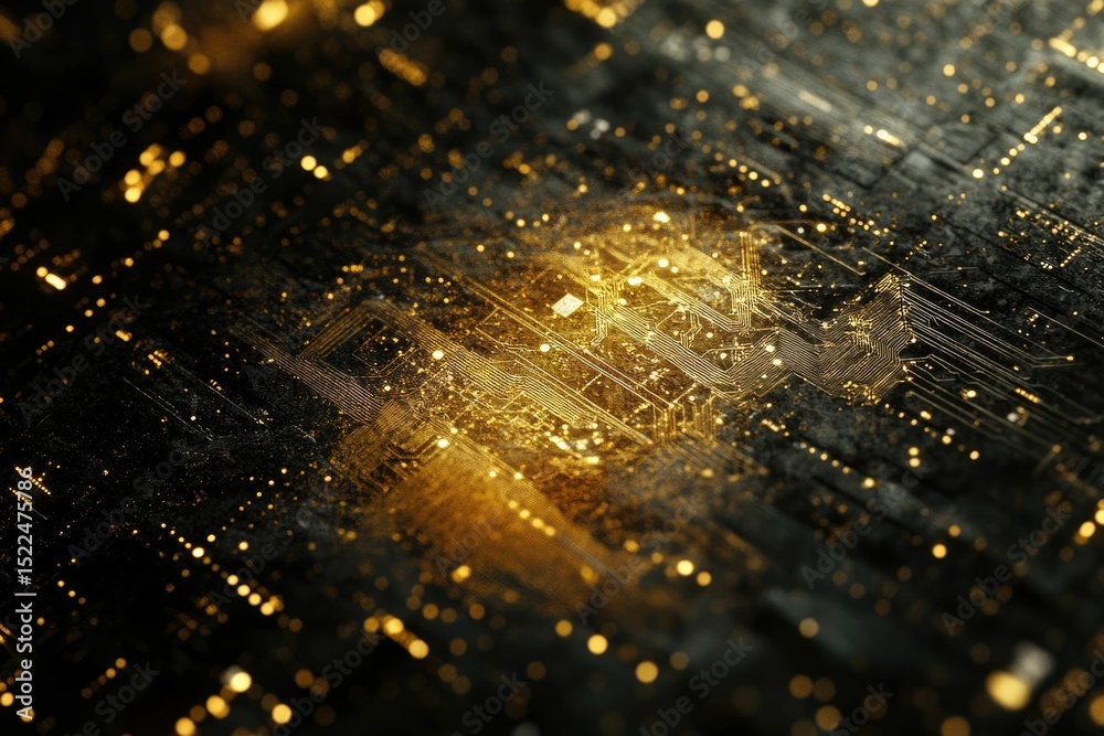 Aufkleber abstract close-up of a golden circuit board, showcasing intricate technological details and glowing 