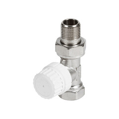 Closeup image of a valve with a white cap on a white background
