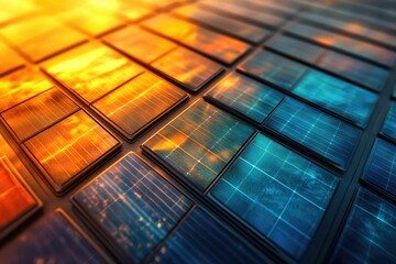 A close-up view of numerous solar panels, glowing with warm and cool tones, under a vibrant sunset.