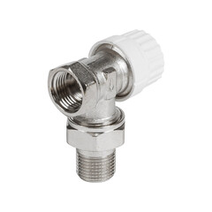 A detailed close up view of a valve featuring a white knob on it