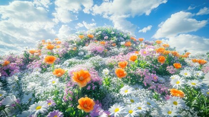 A colorful display of flowers and blossoms in a vibrant garden setting.