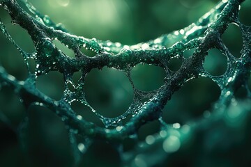 Close-up of a dark green, glistening, web-like structure with holes, possibly a natural phenomenon or abstract art.