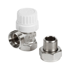 Closeup of a metal pipe fitting on a white background