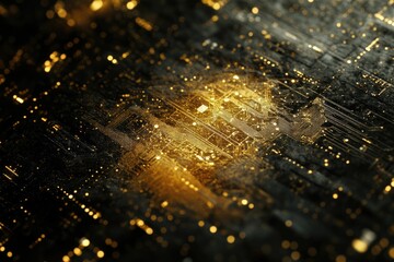 Abstract close-up of a golden circuit board, showcasing intricate technological details and glowing connections.