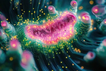 Abstract digital artwork depicting a circuit board within a vibrant, glowing bioluminescent structure.