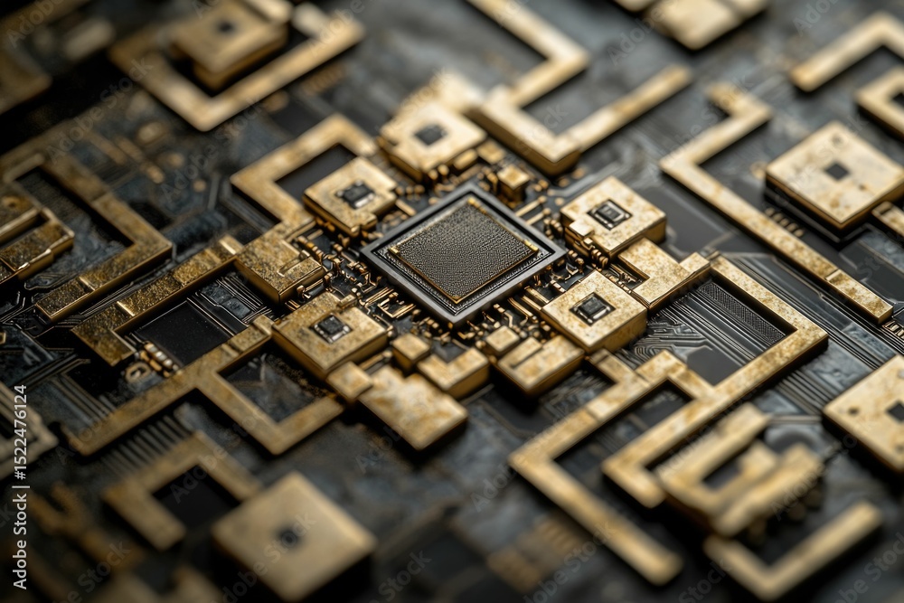 Poster Close-up of a complex gold and black circuit board showcasing intricate microchip design.