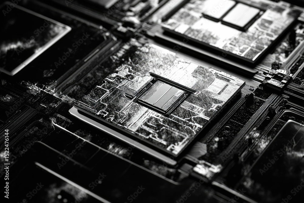 Leinwandbilder Close-up of a microchip's intricate circuitry, showcasing technological complexity.