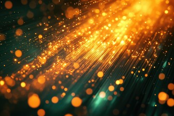 Glowing fiber optic strands radiate light, creating a dynamic, abstract bokeh effect.