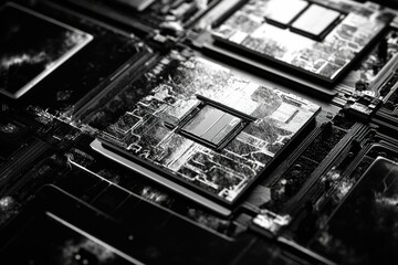 Close-up of a microchip's intricate circuitry, showcasing technological complexity.