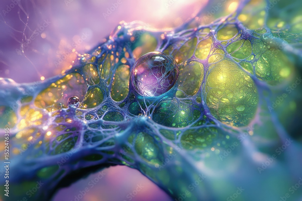 Poster a mesmerizing abstract image depicting a vibrant, iridescent network with glowing orbs, resembling a