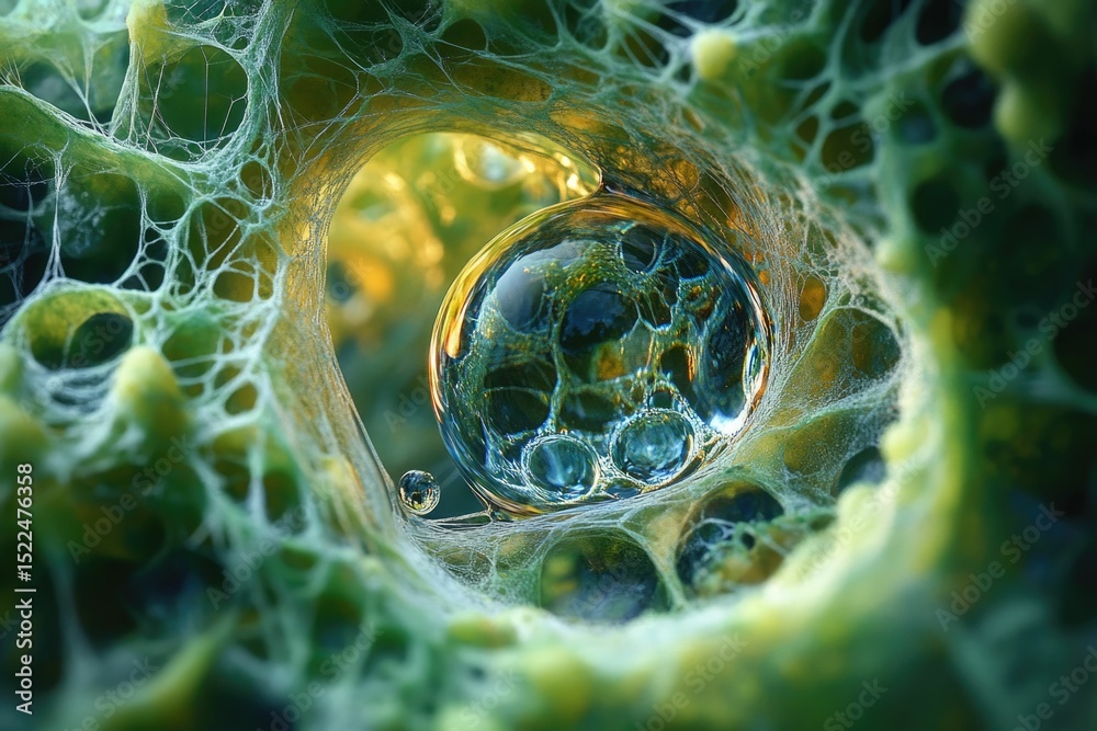 Poster a mesmerizing macro shot reveals a glistening water droplet nestled within a vibrant green, web-like