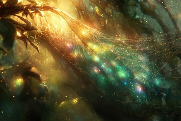 Enchanted forest scene with a mystical golden web glistening with dew, ethereal light, and vibrant colors.